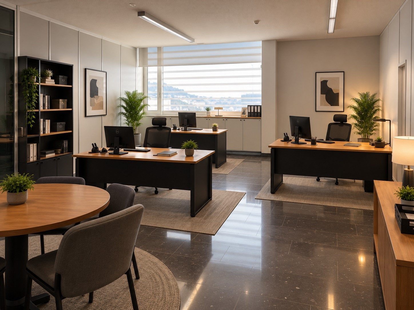 Sala de 60 m² do DOCK91, com três postos de trabalho e uma mesa de reunião redonda